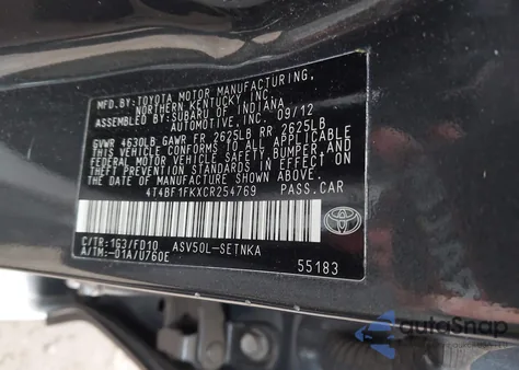 2012 Toyota Camry Le из США, поврежденный, VIN 4T4BF1FKXCR254769